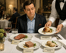 Elegant restaurant diner confronting unusual meat dishes including tongue, liverwurst, and pope’s nose turkey from embarrassing animal parts report
