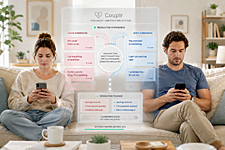 Couple on couch using third party arbitrators interface, glowing digital system dividing them as outsourced relationship arguments are processed and resolved