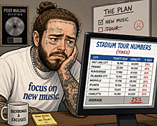 Post Malone studies a disappointing stadium tour spreadsheet with a chagrined look, illustrating Blue Dot Fever and the creative pivot excuse to focus on new music