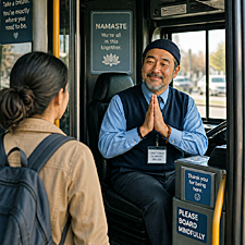 A serene bus driver offers a calm “namaste” to a boarding passenger in the Regional Transit Authority’s Emotional Support Bus Driver Program.
