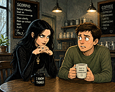 A tense café scene captures a dark-haired woman silently staring down a nervous man, illustrating the discomfort of understanding cosmic puzzles too well.