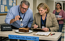 Two school administrators inspect banana bread under fluorescent lights during a Snack Quality Index review for the Competitive Volunteering Program.