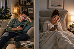 Attractive but exhausted couple sit in separate rooms scrolling phones late at night, illustrating a new dating app built around mutual fatigue.
