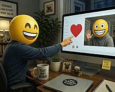 Adult friendships illustration showing two adults with goofy emoji faces maintaining a relationship through a red heart reaction on a computer screen.
