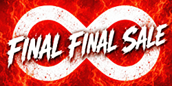 Limited time offer graphic with white infinity symbol on a flaming red background, bold white “final final sale” text suggesting endless urgency and perpetual deals