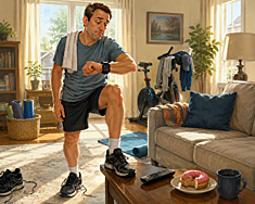 Man in workout clothes checks a fitness tracker as motivation fades beside a couch, donut, remote control, and exercise bike repurposed as laundry storage.