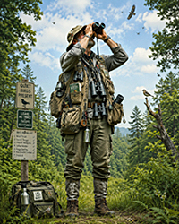 Signs that your hobby defines you illustration: a birdwatcher overloaded with binoculars, cameras, field guides, and gear.devotion reaches peak form.