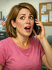 Woman on a cell phone reacting with surprise as she learns she must thank a county bureaucrat before filing municipal complaint forms in a new hotline system.