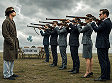 Surreal intervention scene showing a blindfolded person facing a firing squad of well-dressed friends, capturing anxiety, denial, and social pressure.