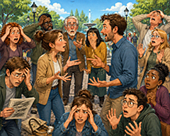 Cancellation notices illustration: two debaters accidentally discover they both have excellent points, leaving onlookers confused, distressed, and deeply unsettled.