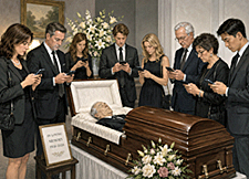 Editorial illustration of mourners at a funeral viewing staring into smartphones during a modern Moment of Silence beside an open casket.