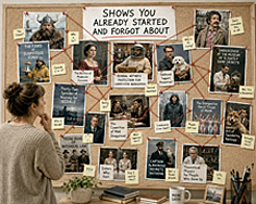 Netflix adds new category illustration showing a confused woman studying a detective board of forgotten TV shows linked by red string and vague memories.