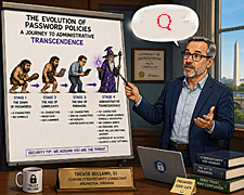Cybersecurity consultant presents a chart showing absurd password requirements as office workers stare in confusion at increasingly impossible login rules.