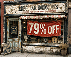 Worn storefront with peeling paint and a giant red sale banner reading 79% off in the window, promoting reduced for quick sale horoscopes and fate bargains.