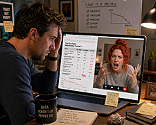 Worried man studies relationship monitoring apps dashboard on laptop while redheaded woman argues on video call, spreadsheet metrics tracking emotional decline
