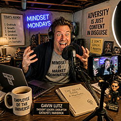 Gavin Lutz, 42, hosts his “Mindset Mondays” podcast in a bright basement office, manic with purpose, embodying the Stages of Self‑Deception in real time.