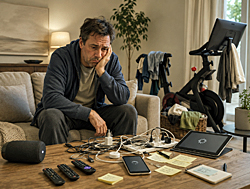 Man pursuing a simpler life sits defeated beside dead Bluetooth speaker, tangled chargers, password notes, and unused exercise bike in calm modern living room.
