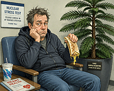 Preparing for a nuclear stress test: bored hospital patient beside a fake Norfolk Island pine holding a limp crunch wrap during endless cardiac waiting.