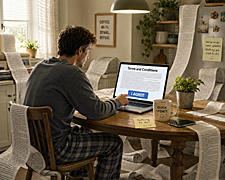 Person clicking “Agree” on endless terms and conditions updates at a kitchen table, surrounded by unread legal pages and quiet digital surrender.