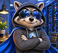 VPN red flags illustration showing a smug raccoon mascot wearing mirrored sunglasses indoors inside a server room, projecting suspicious confidence and secrecy.