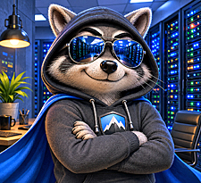 Raccoon hacker in hoodie, sunglasses, server room
