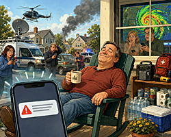 Man relaxes on his porch while chaos unfolds nearby as an emergency alert system notification arrives, bringing calm instead of panic and urgency.