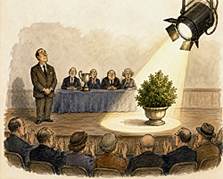 Damaged horoscopes illustration shows a man awaiting recognition while a spotlight honors a potted shrub instead, reflecting the week's damaged horoscopes theme.