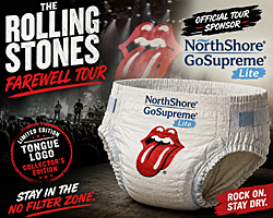 Rolling Stones Farewell Tour parody image showing a commemorative adult diaper with a red tongue logo displayed like premium concert merchandise.