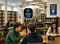 Enforcement drone hovers above library patrons, monitoring a quiet reading room while two chatty visitors receive automated reminders to lower voices.