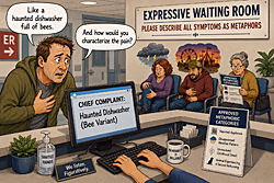 ER Patients describe symptoms through metaphors in a hospital waiting room as a nurse records “Haunted Dishwasher (Bee Variant)” on a computer screen.
