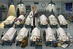 Forensic horoscopes illustration of a morgue with twelve zodiac-tagged gurneys, a weary coroner, and clues revealing how each forecast met its fate.