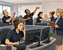 Editorial cartoon of a 911 Calls center where dispatchers applaud, strike theatrical poses, and mirror each other while one operator handles calls.