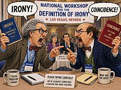 Scholars argue over the definition of irony at a Las Vegas workshop, waving textbooks and shouting “Irony!” and “Coincidence!” across a table.