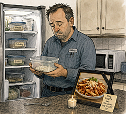 Leftovers Surprise Day illustration shows a disappointed man opening a container of rice instead of expected pasta while a framed pasta portrait sits nearby.