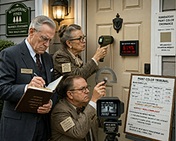 Mandatory paint color tribunal members inspect a suburban front door with precision instruments, ensuring its beige shade meets strict HOA standards in a deadpan satire of neighborhood bureaucracy.