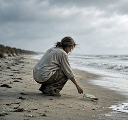 Message in a bottle illustration of a lone beachcomber discovering a glass bottle washed ashore on a deserted beach beneath an overcast sky.