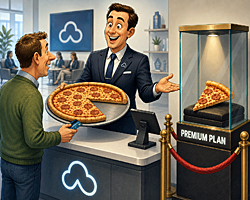 A customer pays extra for a missing pizza slice displayed in a glass case labeled premium plan, while a smiling salesman presents the rest of the pizza.