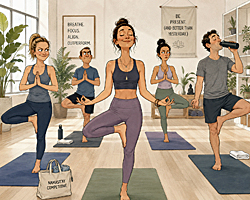 Progressive yoga studio filled with serene parents striking yoga poses while quietly competing through smug glances, perfect balance, and mindful superiority in a bright, airy space.