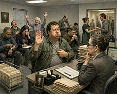 A government proof of life clinic where anxious citizens blink, check pulses, laugh, cry, and hold their breath while a skeptical bureaucrat judges who counts as alive.