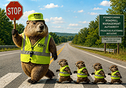 Groundhog crossing guard leads several infant groundhogs across a deserted highway as part of a fictional roadkill management program promoting wildlife safety.
