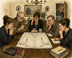 Shirt You Never Wear display as family committee studies a long-unused blouse during Foundation for Undeployed Garments observance around dining table.