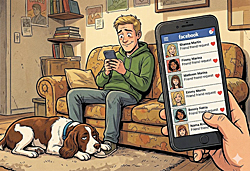 Chip Hilton dreamily eyes Facebook "soulmate" friend requests from women with hearts, while his unimpressed springer spaniel waits .