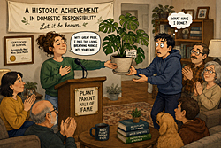 A woman, illustrating the theme of take pride in yourself. proudly presents a thriving houseplant to a nervous recipient as family applauds in a living room,