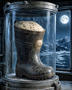 America 250 Time Capsule illustration of a worn rubber boot in moonlit Alaska, filled with living sourdough starter that appears to breathe beneath a full moon.