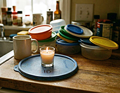 Unreturned Tupperware Day is marked by small private ceremonies: a votive candle lit on a mismatched lid,