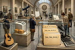 National archive exhibit of unfinished projects featuring a dusty guitar, bread machine, podcast gear, and manuscript folders displayed as treasured artifacts.