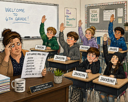 Exhausted teacher takes attendance as several students with nearly identical trendy names raise their hands, illustrating how unique baby names became common.