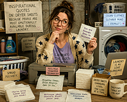 A woman runs a quirky wellness center side business printing inspirational quotes on dryer sheets, convinced laundry rooms are where people are most emotionally available.
