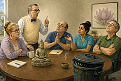 Humorous illustration of an HOA board debating beside a Buddha statue and overflowing trash can, as the five Buddhist precepts meet suburban bureaucracy.