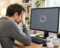 Modern civilization illustrated by an exasperated office worker staring at a computer screen frozen on a buffering symbol, capturing the frustrations of everyday digital life.